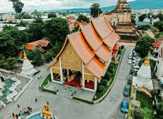 Aerial view of a temple complex in Chiang Mai, part of Chiang Mai 3-day itinerary.